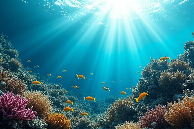 透明な海中を泳ぐ魚と、網に絡まらず漂う分解中の天然繊維のイメージ