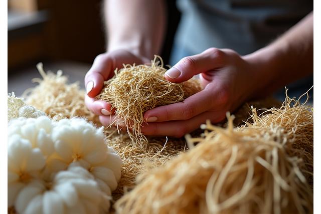 厳選された天然繊維の束と職人の手のクローズアップ